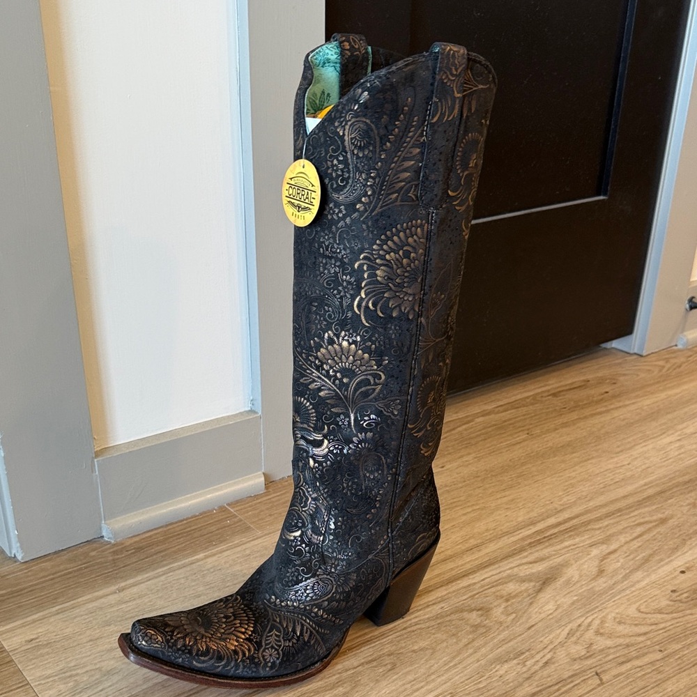 Black & Gold Floral Suede Boots